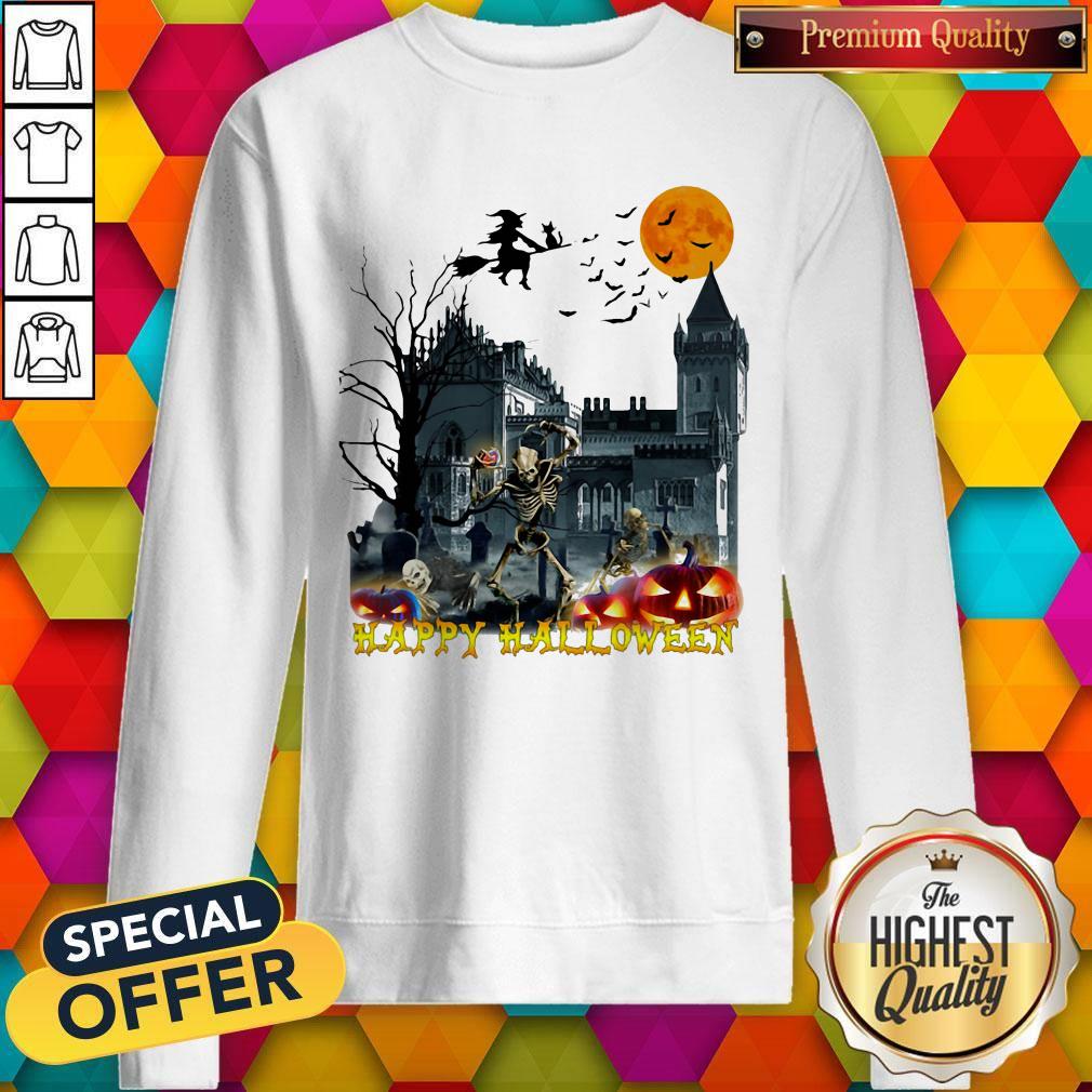Awesome Witch And Skeleton Happy Halloween Sweatshirt
