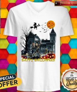 Awesome Witch And Skeleton Happy Halloween V-neck