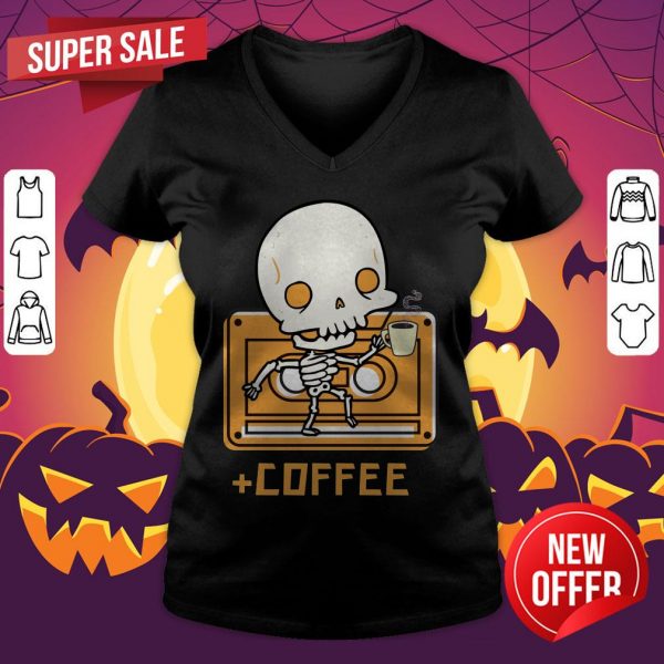 Cute Skeleton Drinking Coffee Day Of The Dead Dia De Muertos V-neck