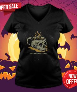 Halloween Coffee Drinking Skeleton Skull Life Starts With A Coffee V-neck