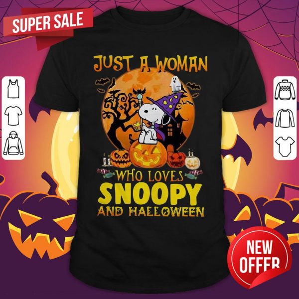 Just A Woman Who Loves Snoopy And Halloween Shirt