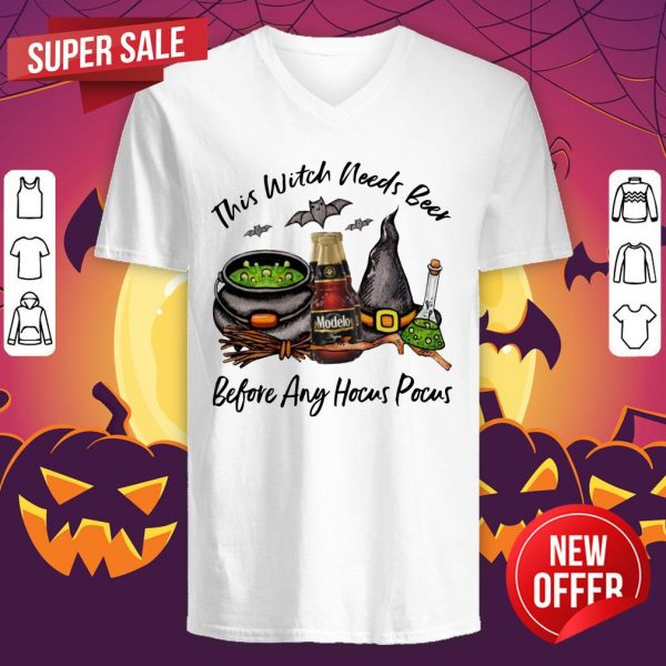 Modelo Negra Bottle This Witch Needs Beer Before Any Hocus Pocus Halloween V-neck