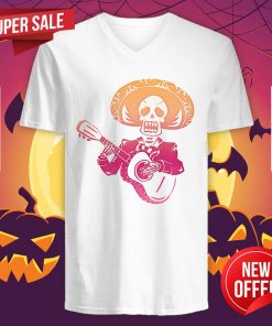 Nice Dia De Los Muertos Mexican Skull Playing Guitar V-neck
