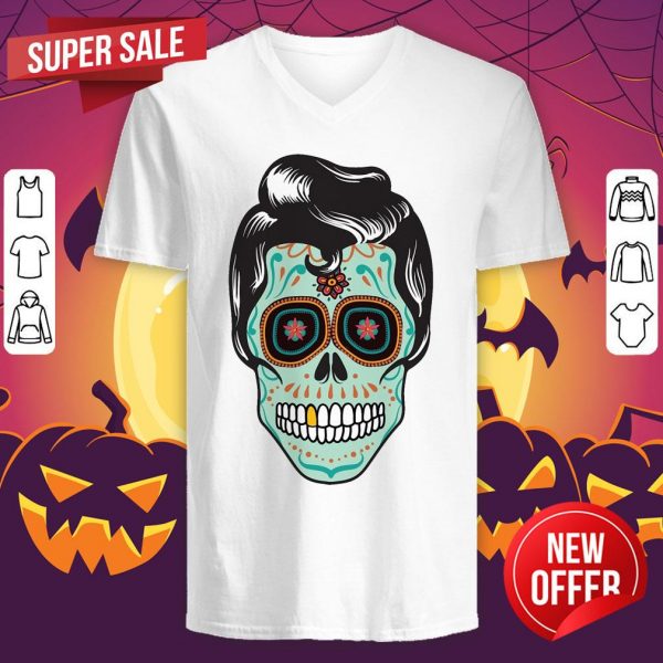 Psychobilly Sugar Skull Day Of The Dead Dia De Muertos Halloween V-neck