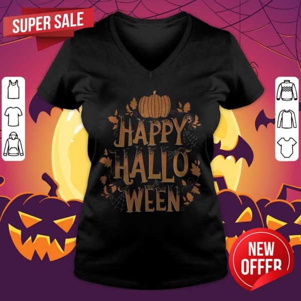 Retro Happy Halloween Shirt Women Men Vintage Pumpkin V-neck