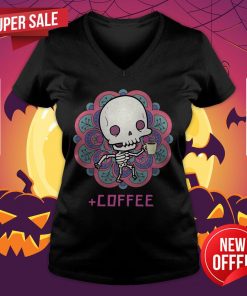Skeleton Drinking Coffee Flower Day Dead Dia De Los Muertos V-neck