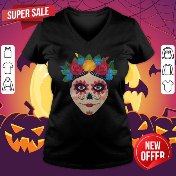 Skull Sugar Halloween Death Art Spooky Dia De Los Muertos Day Dead V-neck