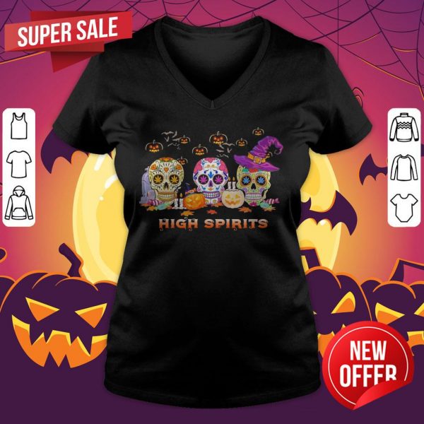 Skulls Pumpkins High Spirits Happy Halloween V-neck