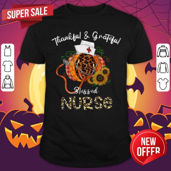 Thankful Grateful Blessed Nurse Leopard Print Pumpkin Sunflower Halloween Nurse T-shirt