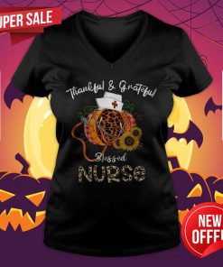 Thankful Grateful Blessed Nurse Leopard Print Pumpkin Sunflower Halloween Nurse V-neck