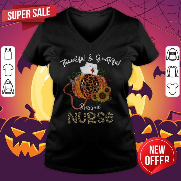 Thankful Grateful Blessed Nurse Leopard Print Pumpkin Sunflower Halloween Nurse V-neck