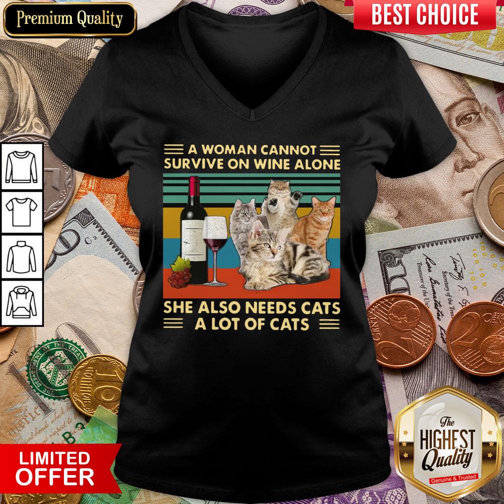 Hot A Woman Cannot Survive On Wine Alone She Also Needs Cats A Lot Of Cats V-neck - Design By Viewtees.com