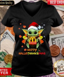 Hot Baby Yoda Hug McDonald’s Happy Hallothanksmas V-neck - Design By Viewtees.com