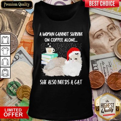 A Woman Cannot Survive On Coffee Alone She Also Needs A Cat Merry Christmas Tank Top - Design By Viewtees.com