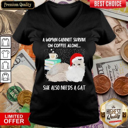 A Woman Cannot Survive On Coffee Alone She Also Needs A Cat Merry Christmas V-neck - Design By Viewtees.com