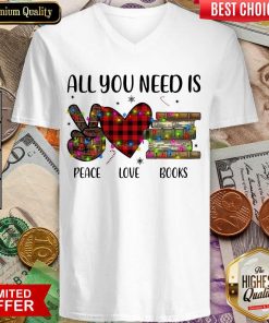 All You Need Is A Peace Love Books Merry Christmas Light V-neck - Design By Viewtees.com