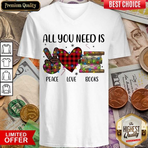 All You Need Is A Peace Love Books Merry Christmas Light V-neck - Design By Viewtees.com