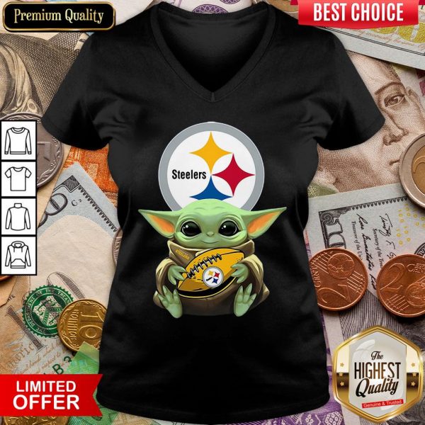 Funny Baby Yoda Hugging Pittsburgh Steelers V-neck - Design By Viewtees.com