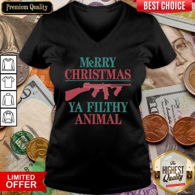 Merry Christmas Ya Filthy Animal Gun V-neck - Design By Viewtees.com