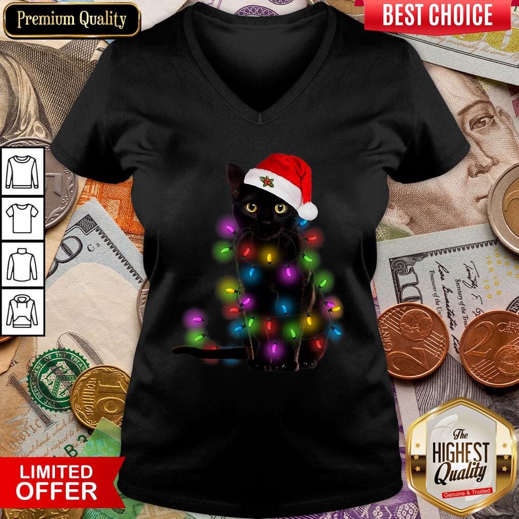 Colorful Black Cat Light Merry Christmas V-neck - Design By Viewtees.com