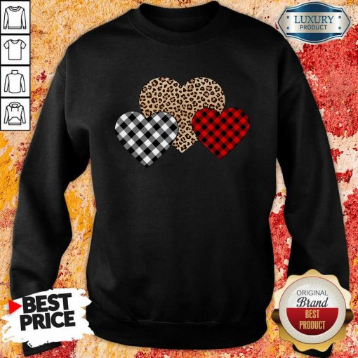 Awesome Valentines Day Valentine Three Hearts Leopard Buffalo Plaid Sweatshirt